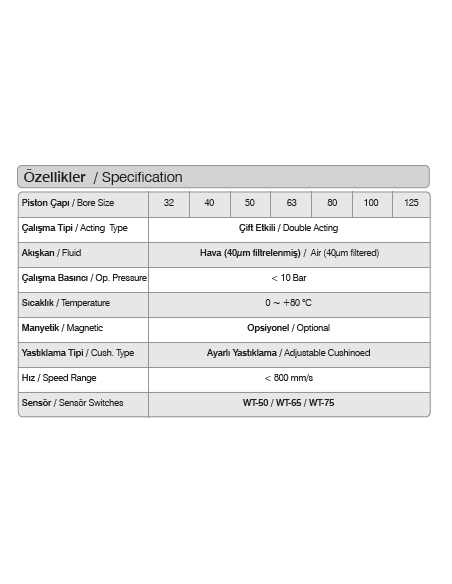 WAC.M.YY.125.200 ISO 15552 Alüminyum Gövdeli Pnömatik Silindir (Piston), Yastıklı
